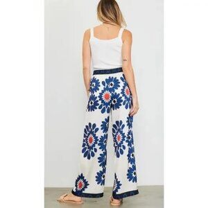 SKIES ARE BLUE Floral Print Elastic Waistband Pants - Size Medium, Ivory & Navy